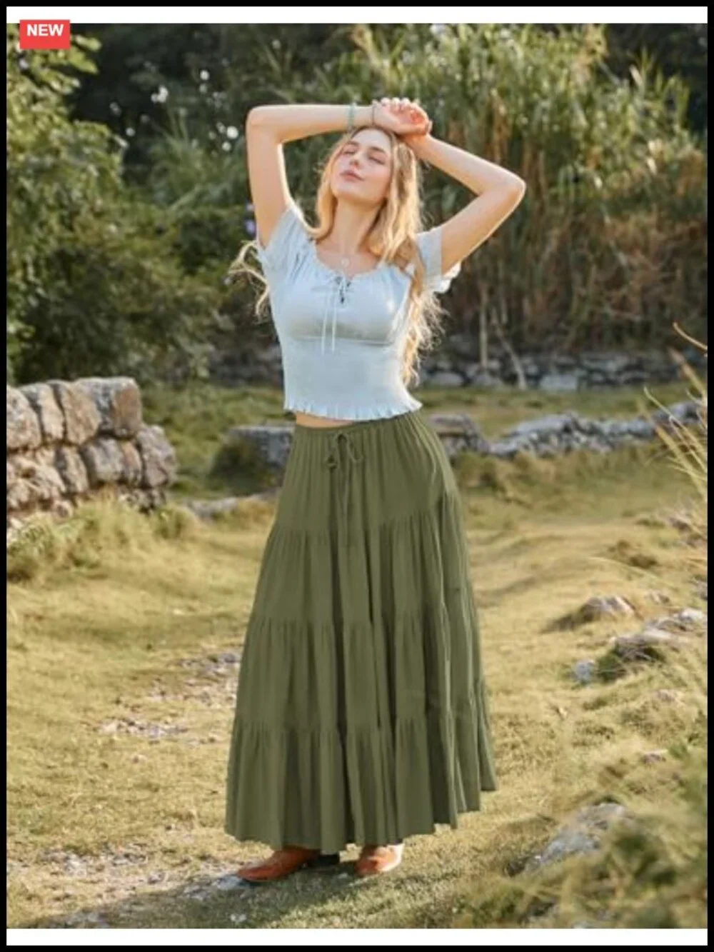 Flowy Tiered Renaissance Maxi Skirt with Pockets, Elastic High Waist, A-Line,